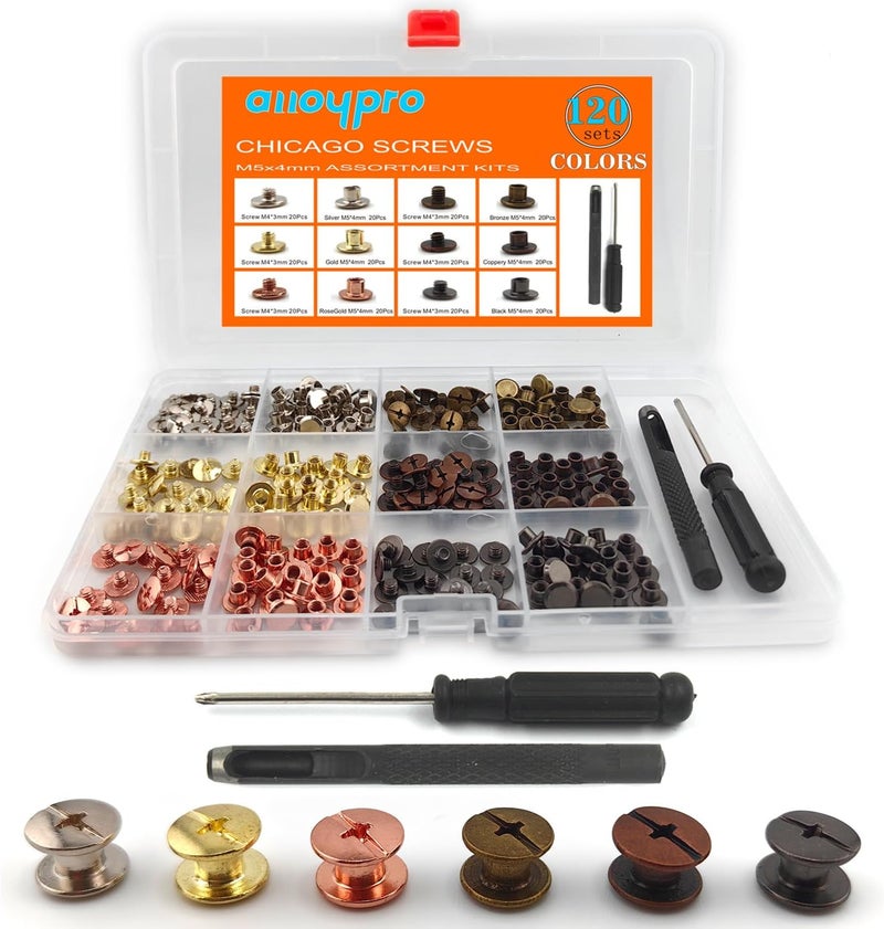 ALLOYPRO 120 Sets Chicago Screws with Hole Puncher and Screwdriver Assorted Kit 6 Color Leather Rivets Screw Flat Fillister Book Binding Posts Nail Rivet Chicago Bolts for DIY Leather Craft (5×4mm) - Image 1